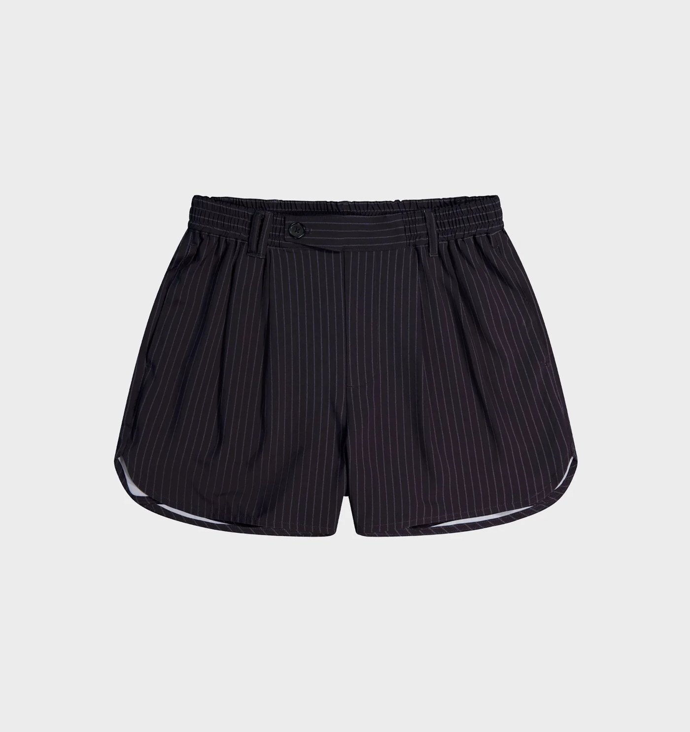 Navy pinstripe active pleat short with curved split hem, flat lay