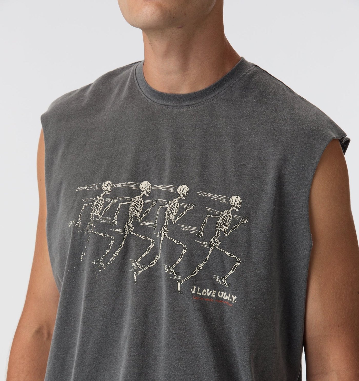 Close-up of the running skeletons print on the washed tank