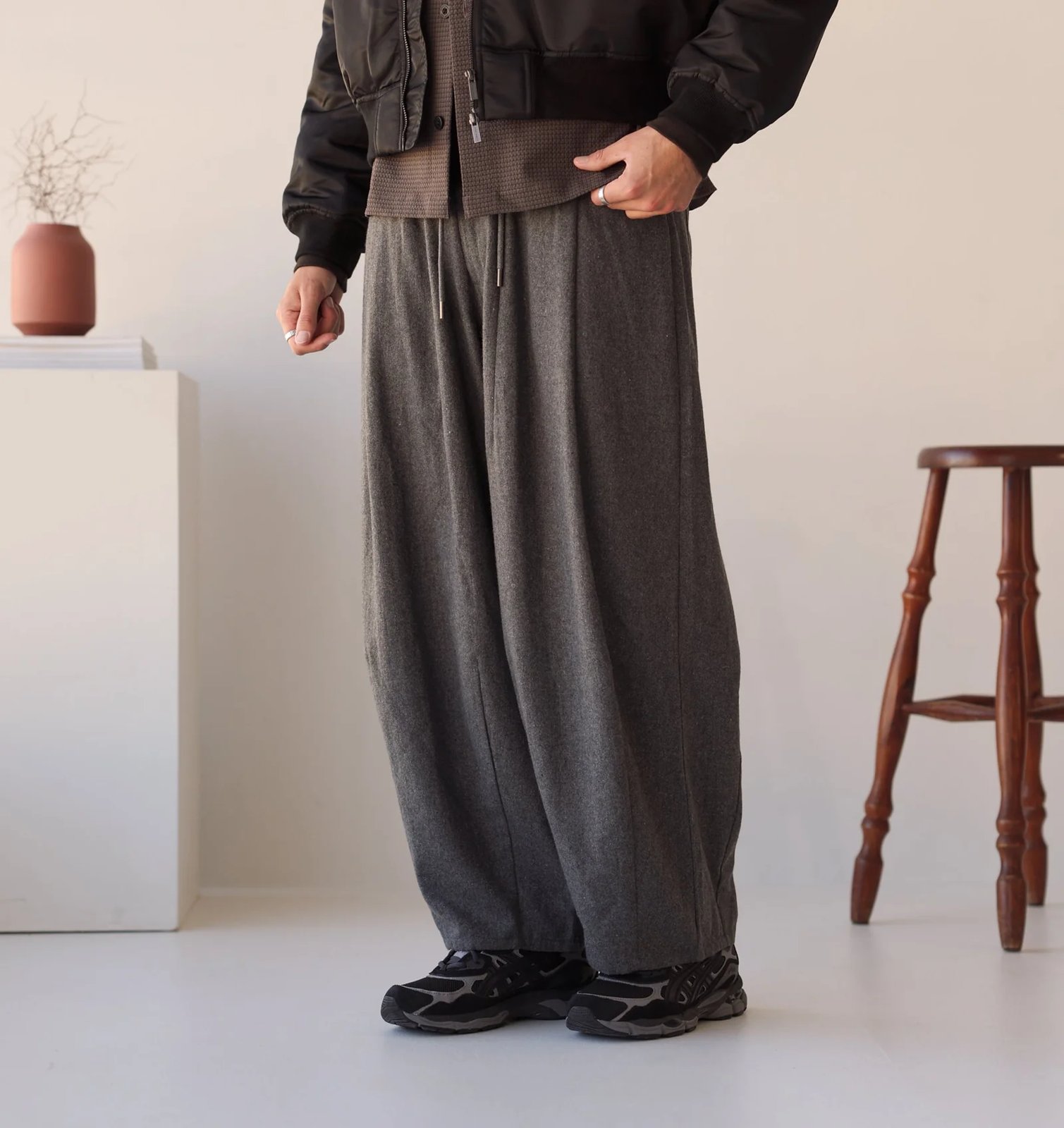 Grey wool-blend HD Pant with a drawcord waist and oversized balloon leg